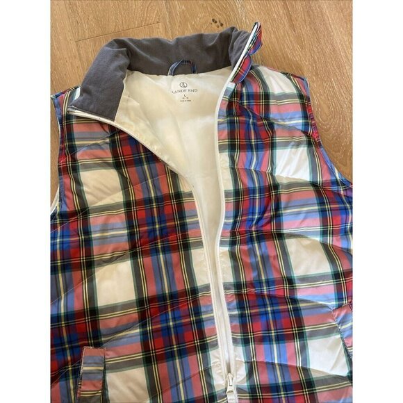 Lands' End White Red Blue Plaid Full Zip Puffer Vest Women's Size Large L 14/16 - Picture 3 of 6